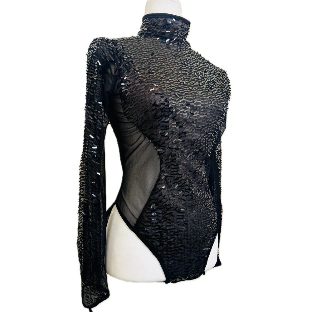Black Sequin Symmetric Bodysuit with Long Sleeves, Size L - Picture 4 of 15